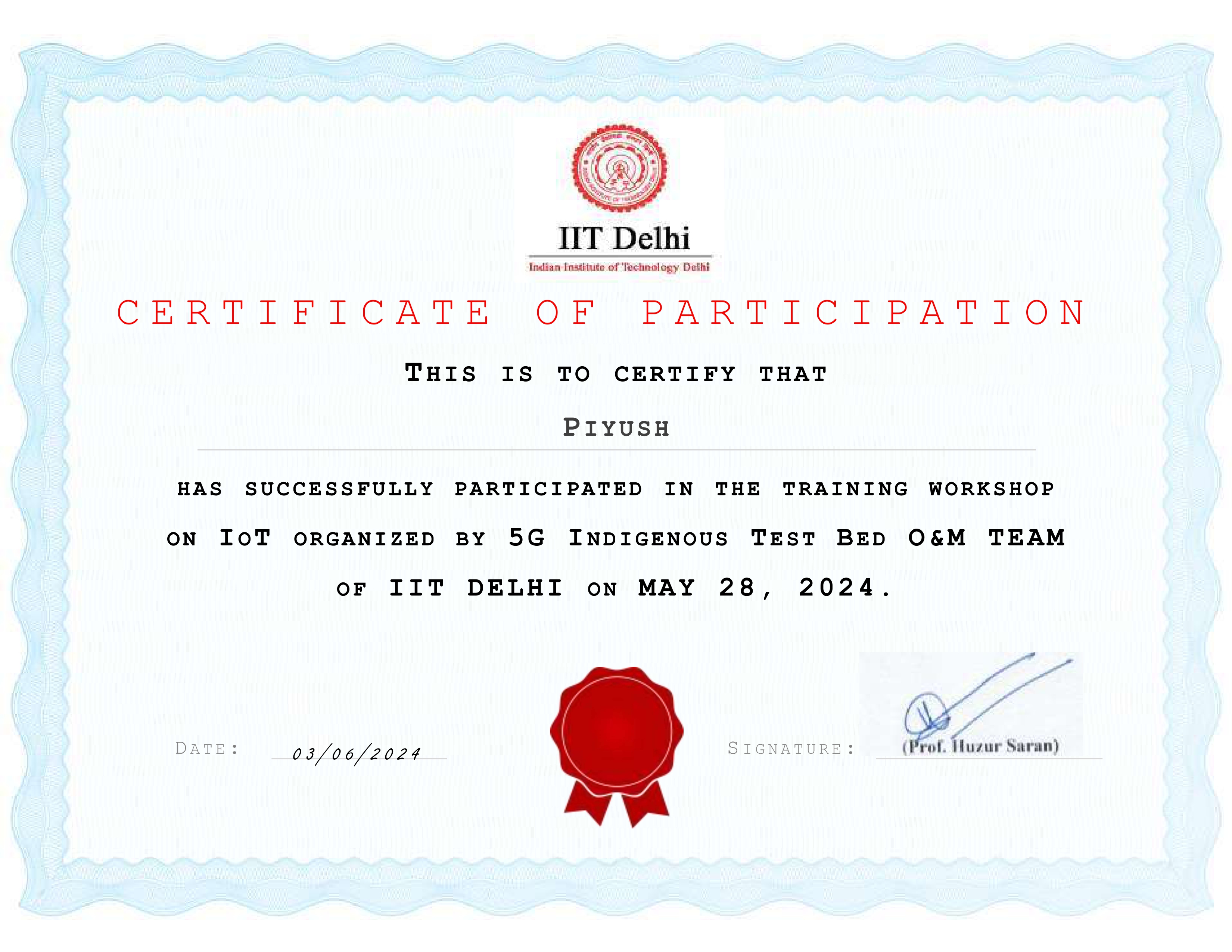 IoT Workshop Certificate